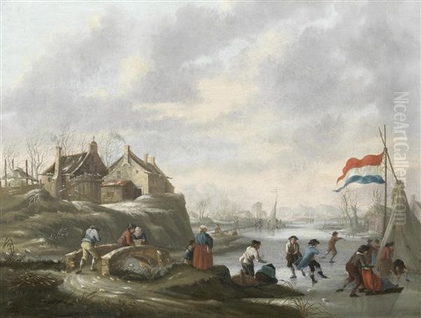 A Winter Landscape With Figures Ice Skating Oil Painting by Johann Daniel de Gyselaar