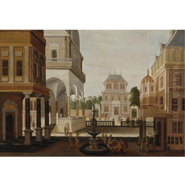 An Elaborate Architectural Capriccio With Numerous Elegant Figures Oil Painting by Nicolas de Gyselaer