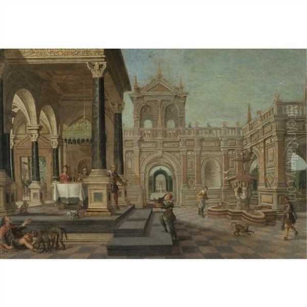 A Palatial Capriccio With Dives And Lazarus Oil Painting by Nicolas de Gyselaer