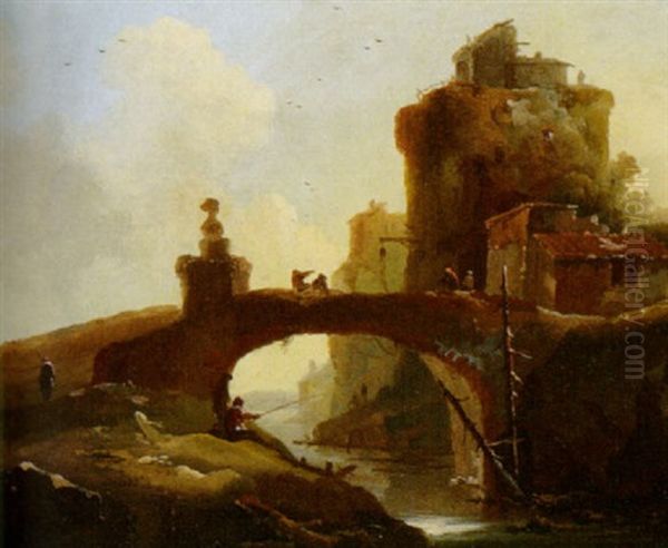 Fluslandschaft Mit Steinbrucke Un Anglern Oil Painting by Nicolas de Gyselaer