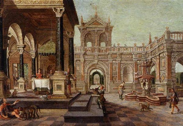 A Fantastical Palace Courtyard With Dives In The House Of Lazarus Oil Painting by Nicolas de Gyselaer