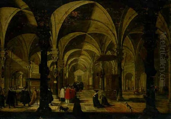 The Interior Of A Gothic Church With The Procession Of The Eucharist In The Foreground Oil Painting by Nicolas de Gyselaer