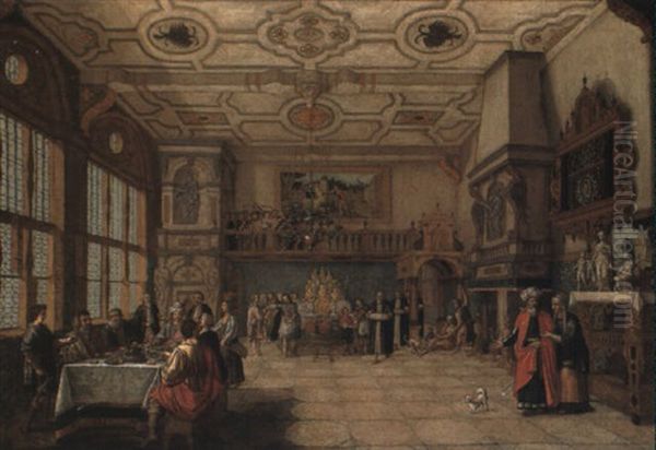 Lazarus At The Door Of A Banqueting Hall With Elegant Figures Dining Oil Painting by Nicolas de Gyselaer