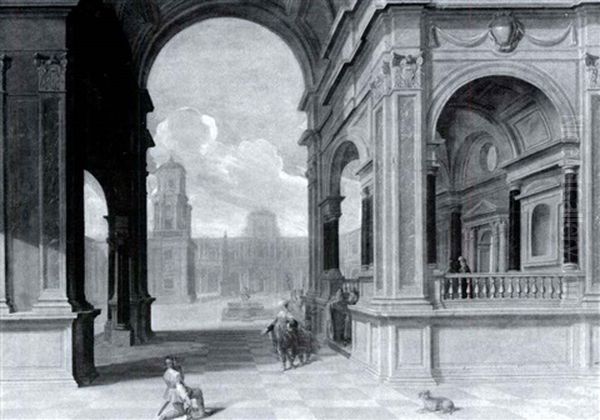 Figures In A Loggia, A Courtyard Beyond Oil Painting by Nicolas de Gyselaer