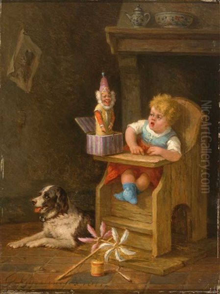 Kleinkind Im Kinderstuhl Erschrickt Vor Einem Schachtelteufel (clown) Oil Painting by Joseph Gyselinckx