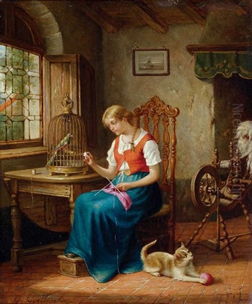 Interieur Mit Strickendem Madchen, Vogelkafig Und Spielender Katze Oil Painting by Joseph Gyselinckx