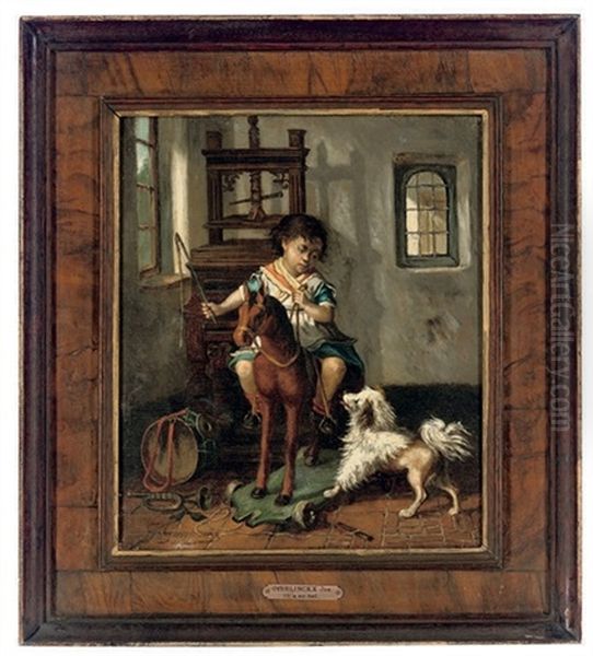 A Young Boy On A Rocking Horse (+ A Young Boy Playing The Violin; Pair) Oil Painting by Joseph Gyselinckx