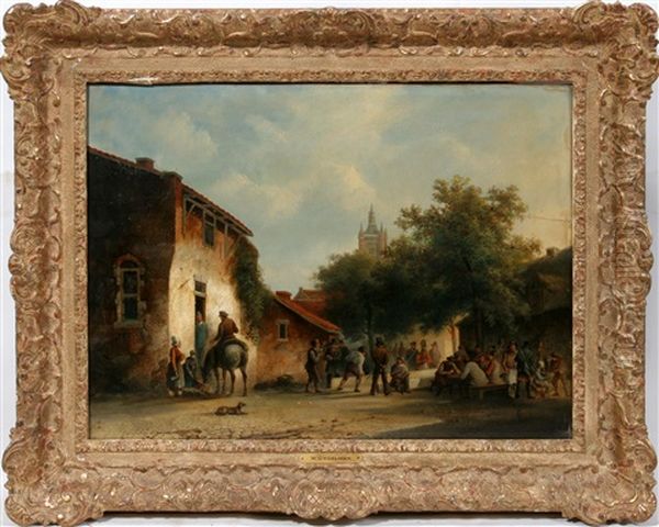 A Busy Town Square Oil Painting by Warner Gyselman