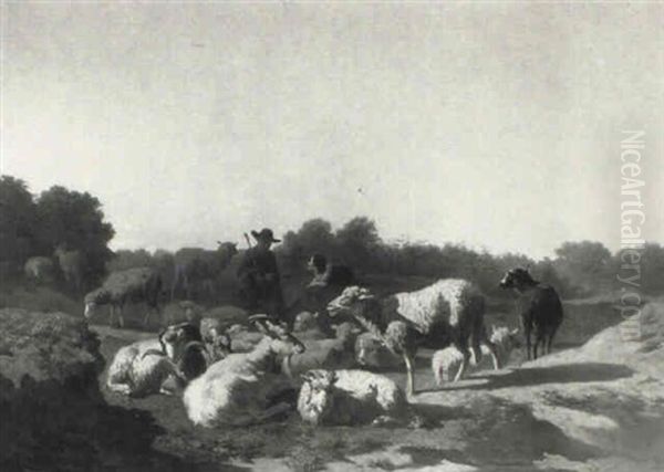 Drover With Goats And Sheep In A Landscape Oil Painting by Warner Gyselman