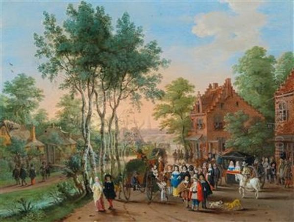 Elegant Travellers Visiting A Village By A River Oil Painting by Peter Gysels