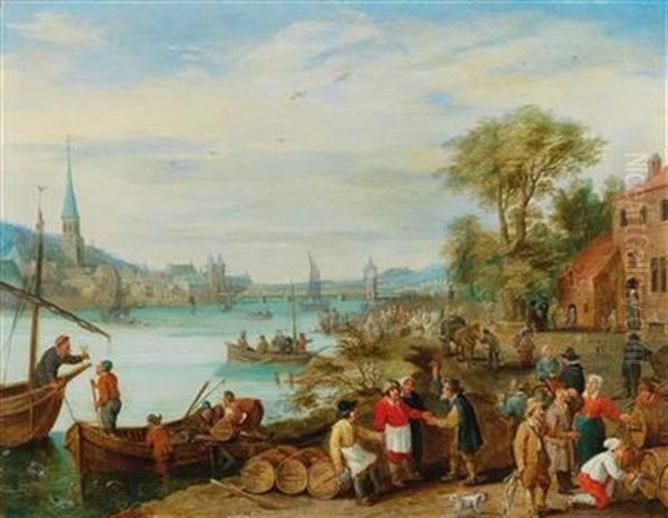 A River Landscape With A Harbour Scene Oil Painting by Peter Gysels