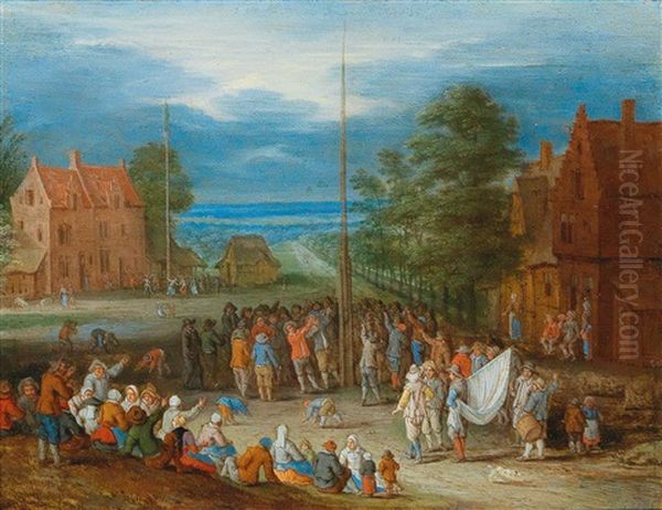 A Village Scene With Figures Shooting The Popinjay And Dancing Around A Maypole by Peter Gysels