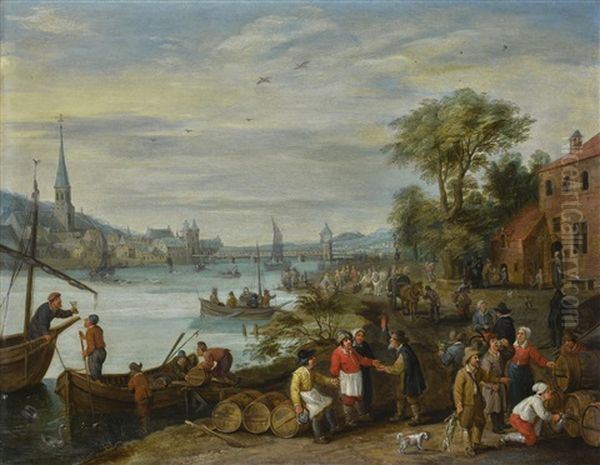 River Landscape With Figures Tasting And Trading Wine On The Bank Oil Painting by Peter Gysels