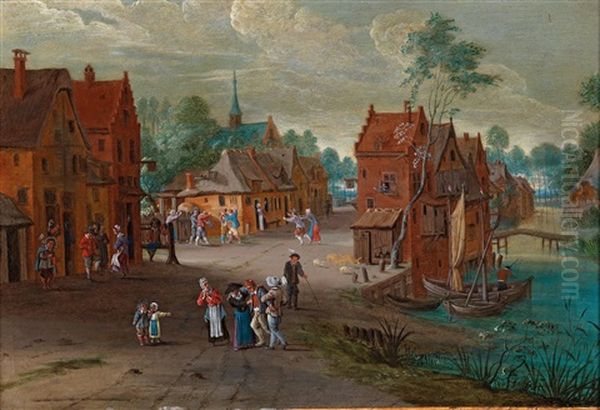 A Village Road With Numerous Figures Oil Painting by Peter Gysels