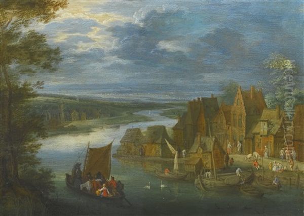 A Village By A River With A Sailing Boat; A Village By A River With Fishermen (pair) by Peter Gysels