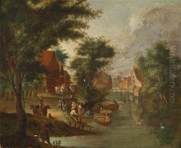 Eine Gesellschaft In Einem Am Ufer Eines Kanals Gelegenen Dorf Oil Painting by Peter Gysels