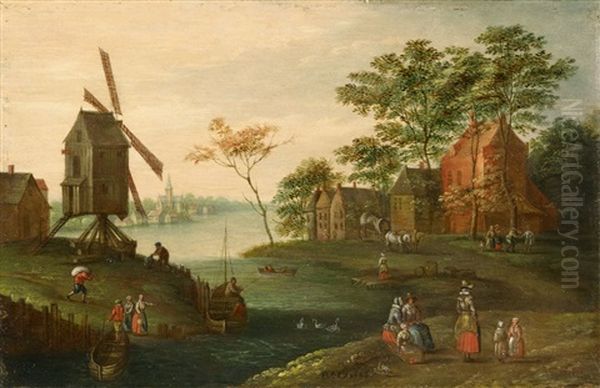 River Landscape With Wind-mill Oil Painting by Peter Gysels