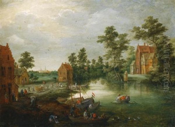 A River Landscape With Figures Unloading Their Boats Beside A Village Oil Painting by Peter Gysels