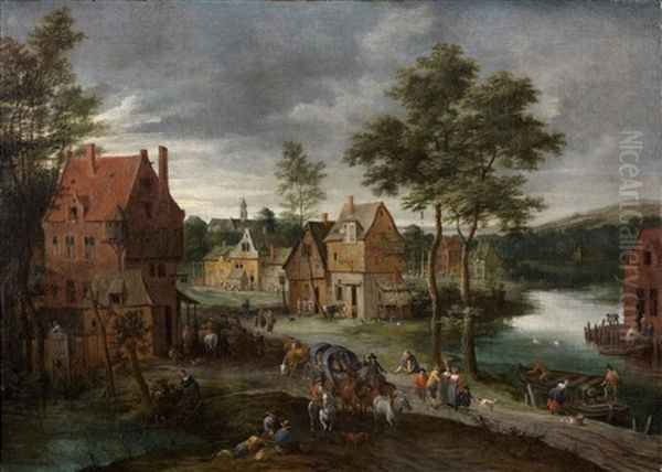 Scene De Village Animee Et Traversee D'une Riviere Oil Painting by Peter Gysels