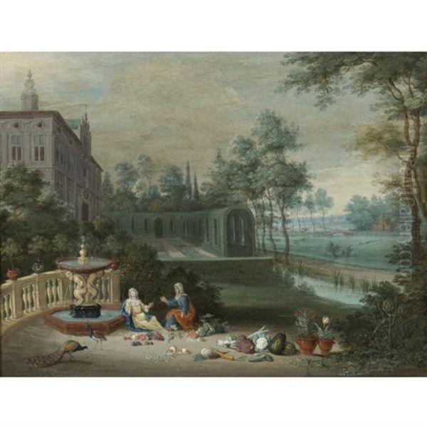 Vertumnus And Pomona In The Garden Of A Villa Oil Painting by Peter Gysels