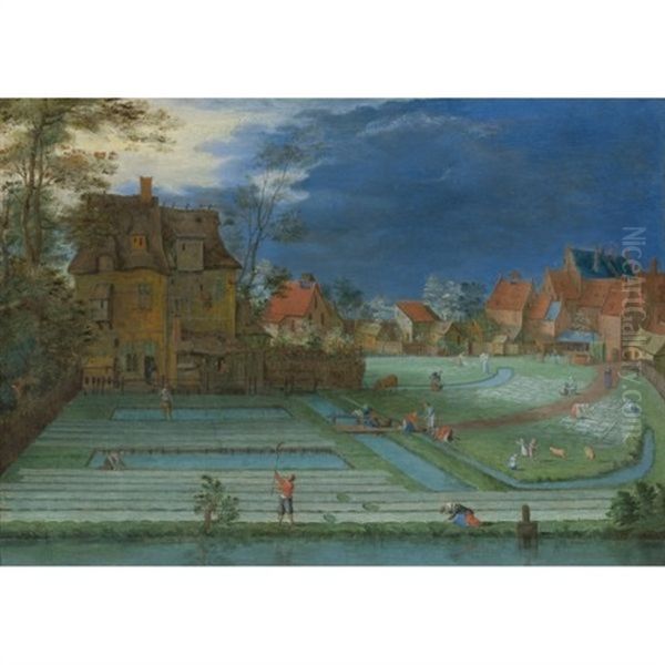 A Town With Figures Working In Bleaching Fields In The Foreground Oil Painting by Peter Gysels