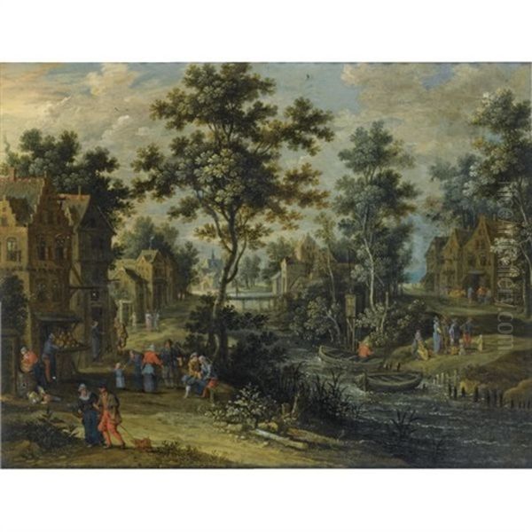 A Village Street In A Wooded Landscape With Villagers Drinking Outside An Inn, Other Figures On A Path Along The Riverside, An Elegant Company Halting Near A Ferry Boat Oil Painting by Peter Gysels