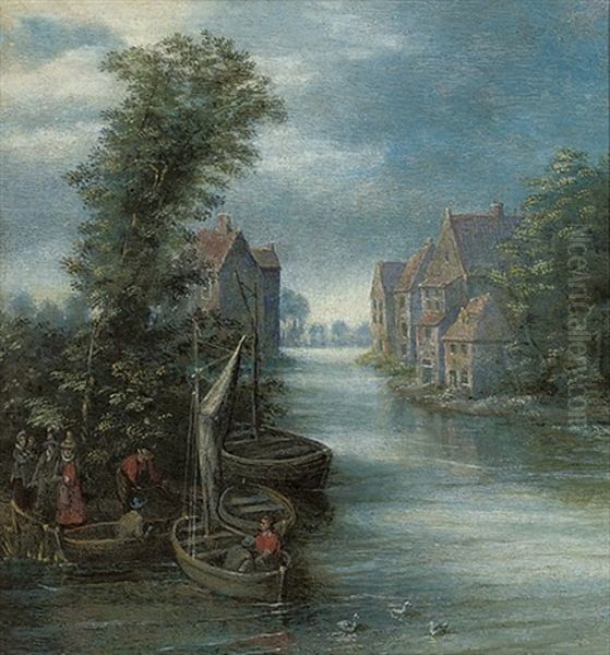 A River Landscape With Figures Oil Painting by Peter Gysels