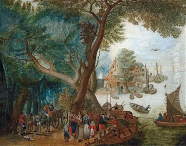 Bewaldete Flusslandschaft Mit Booten, Vielen Figuren Und Einem Pferdewagen Oil Painting by Peter Gysels