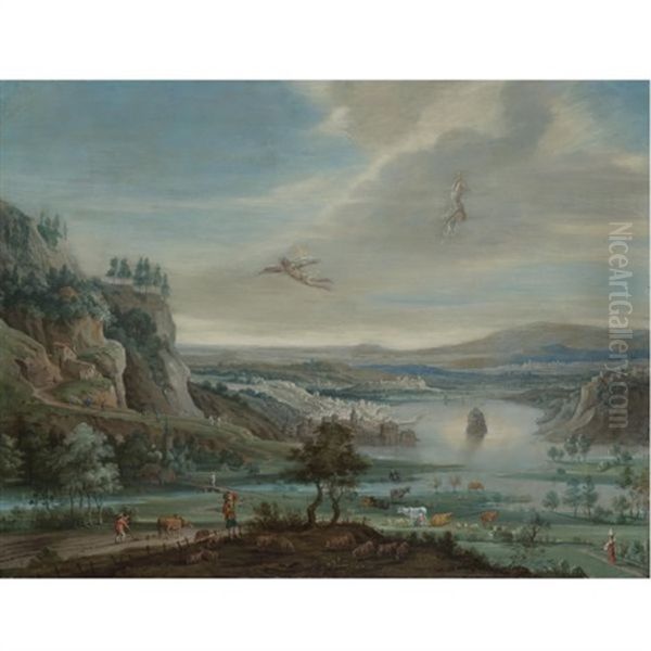 An Extensive River Landscape With The Fall Of Icarus Oil Painting by Peter Gysels