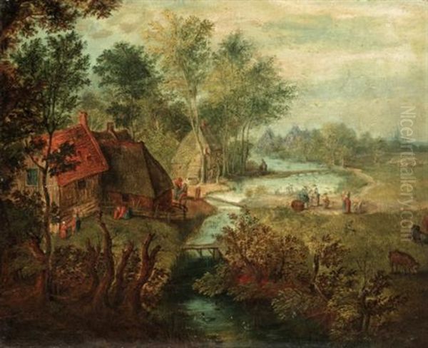 A Rural Landscape With Cottages By A Stream by Peter Gysels