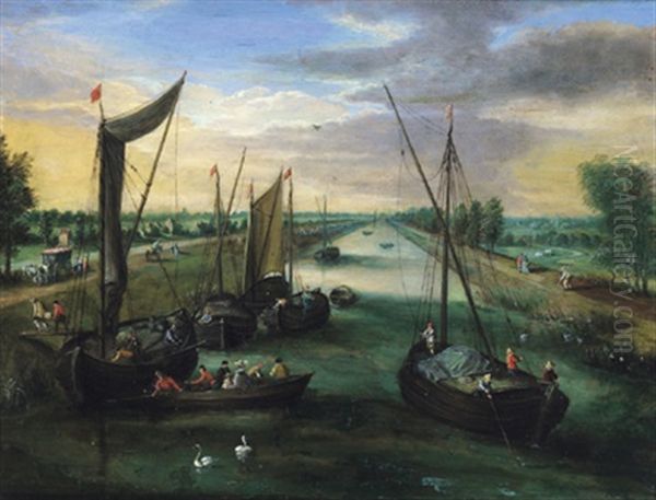 Eine Gracht Vor Der Stadt Antwerpen Mit Vielen Booten Und Figuren Sowie Einer Am Ufer Entlang Fahrenden Zweispannigen Kutsche by Peter Gysels