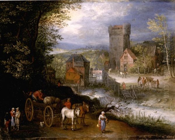 A River Landscape With A Watermill, Travellers, And A Horse And Cart In The Foreground Oil Painting by Peter Gysels