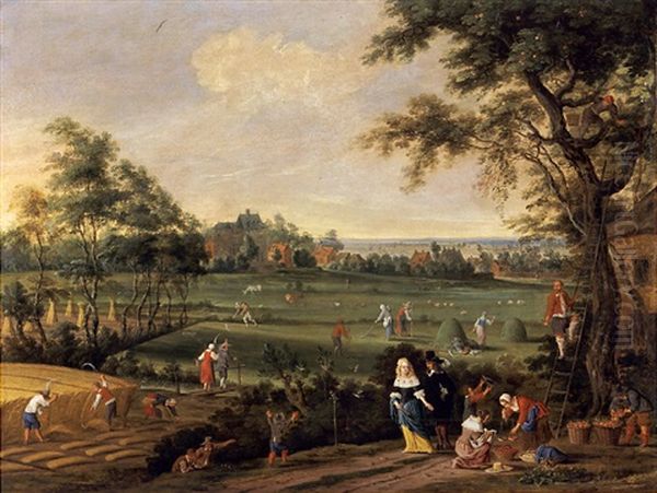 A Late Summer Landscape With Peasants Harvesting Corn, Raking Hay And Picking Fruit, Observed By An Elegant Couple On A Road Oil Painting by Peter Gysels