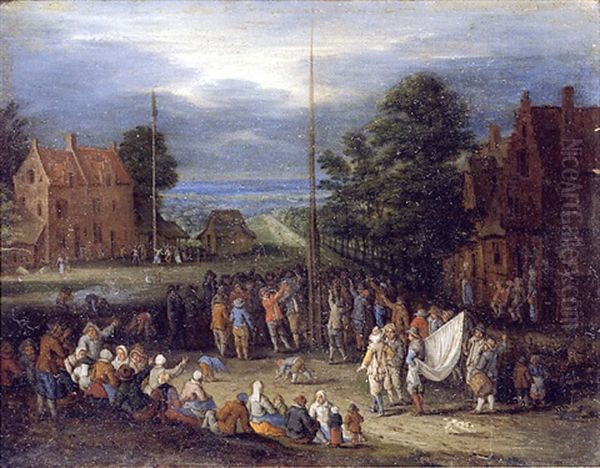 A Village Scene With Figures Shooting The Popingay And Dancing Around A Maypole Oil Painting by Peter Gysels