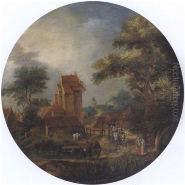 Blick In Ein Flamisches Dorf Mit Einem Hohen Torgebaude, Pferdewagen Und Reitern Oil Painting by Peter Gysels