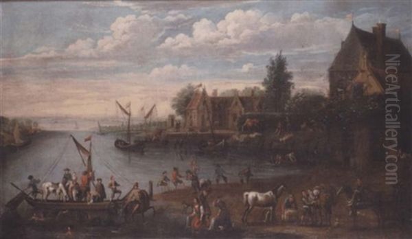 A Busy Riverside Town With Figures Disembarking From A Ferry Oil Painting by Peter Gysels