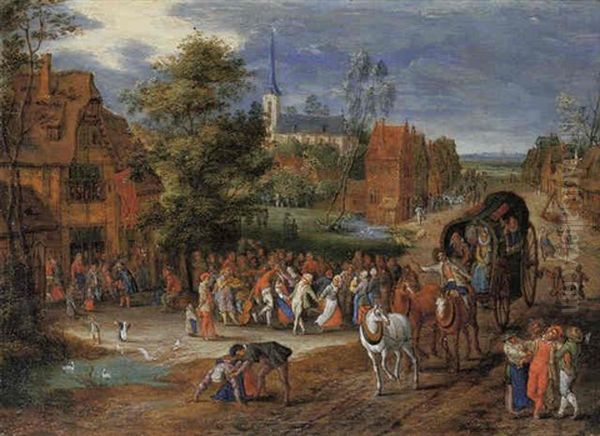 A Village Kermesse With A Horse-drawn Cart In The Foreground Oil Painting by Peter Gysels