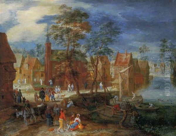 A Village Scene With Peasants Strolling By A River Bank Oil Painting by Peter Gysels