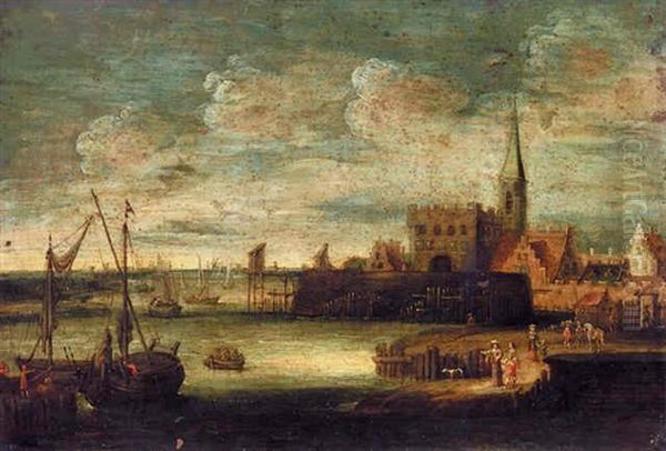 A Port Scene With Figures On A Quay Oil Painting by Peter Gysels