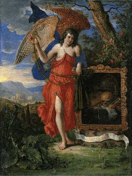 An Angel In A Landscape Holding A Vanitas Painting, A Memento Mori Oil Painting by Peter Gysels