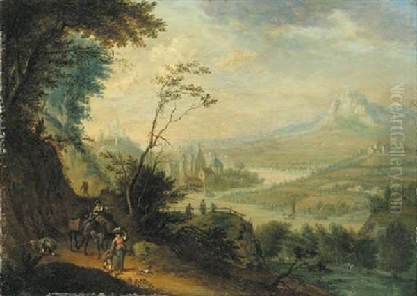 An Extensive River Landscape With Travelers On Path, A House And Church Beyond Oil Painting by Peter Gysels