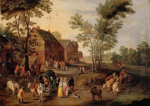 A Village Scene With A Wagon And Elegant Figures Halted Near An Inn Oil Painting by Peter Gysels