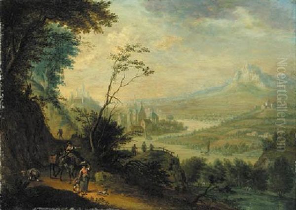 An Extensive River Landscape With Travellers On Path, A House And Church Beyond Oil Painting by Peter Gysels