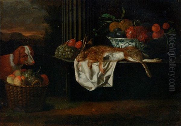 A Hare, Grapes And Plums With A Bowl Of Apples, Grapes, Figs And Apricots Oil Painting by Peter Gysels