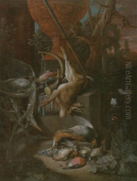 A Game Still Life Of A Hung Hare, A Brace Of Birds, A Shotgun, A Hunting Horn And Other Objects, All On A Stone Plinth, Set In A Landscape Oil Painting by Peter Gysels