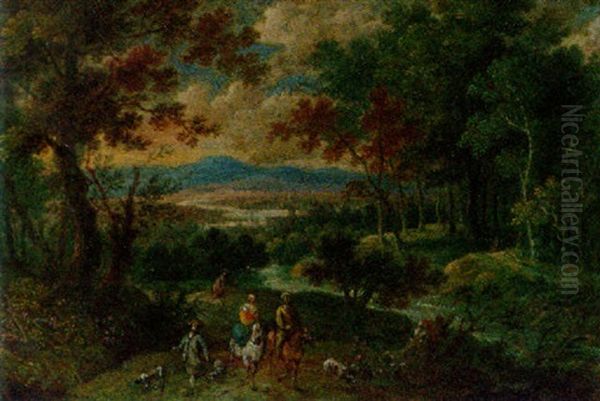 A Wooded Mountainous Landscape With Travellers On Horseback With Hunting Dogs Oil Painting by Peter Gysels