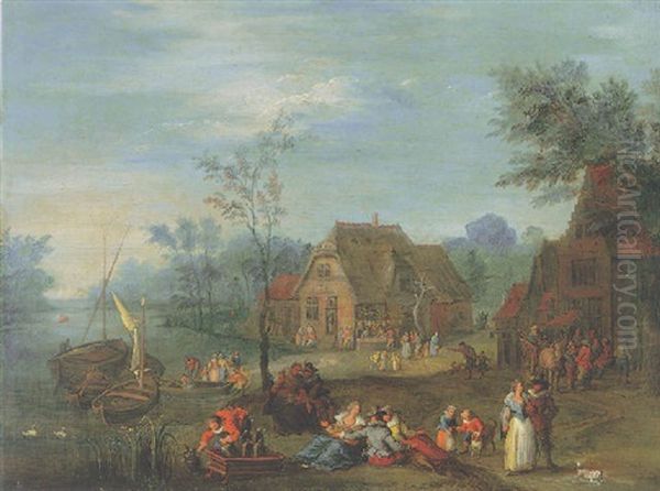 A Village Scene With Boats On A River, Peasants And Elegant Figures Resting In The Open Air Oil Painting by Peter Gysels