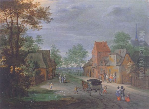 A Village Scene With A Horsedrawn Cart On A Track, Figures Following On Behind And Others Beyond Outside Inn Oil Painting by Peter Gysels