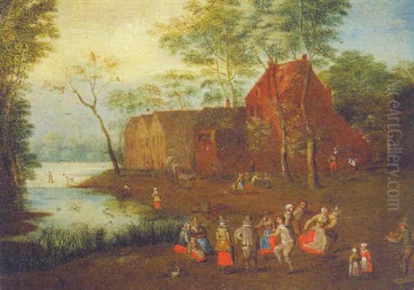 A River Landscape With Peasants Dancing Outside A Village Oil Painting by Peter Gysels