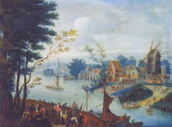 A River Landscape With Peasants At A Landing Stage, A Town Across The River Beyond Oil Painting by Peter Gysels